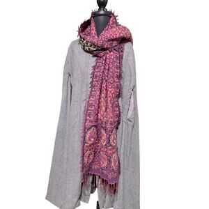 Hand Embroidered Burgundy Boho Scarf Shawl Fringe Artsy Wrap jewel tones regal